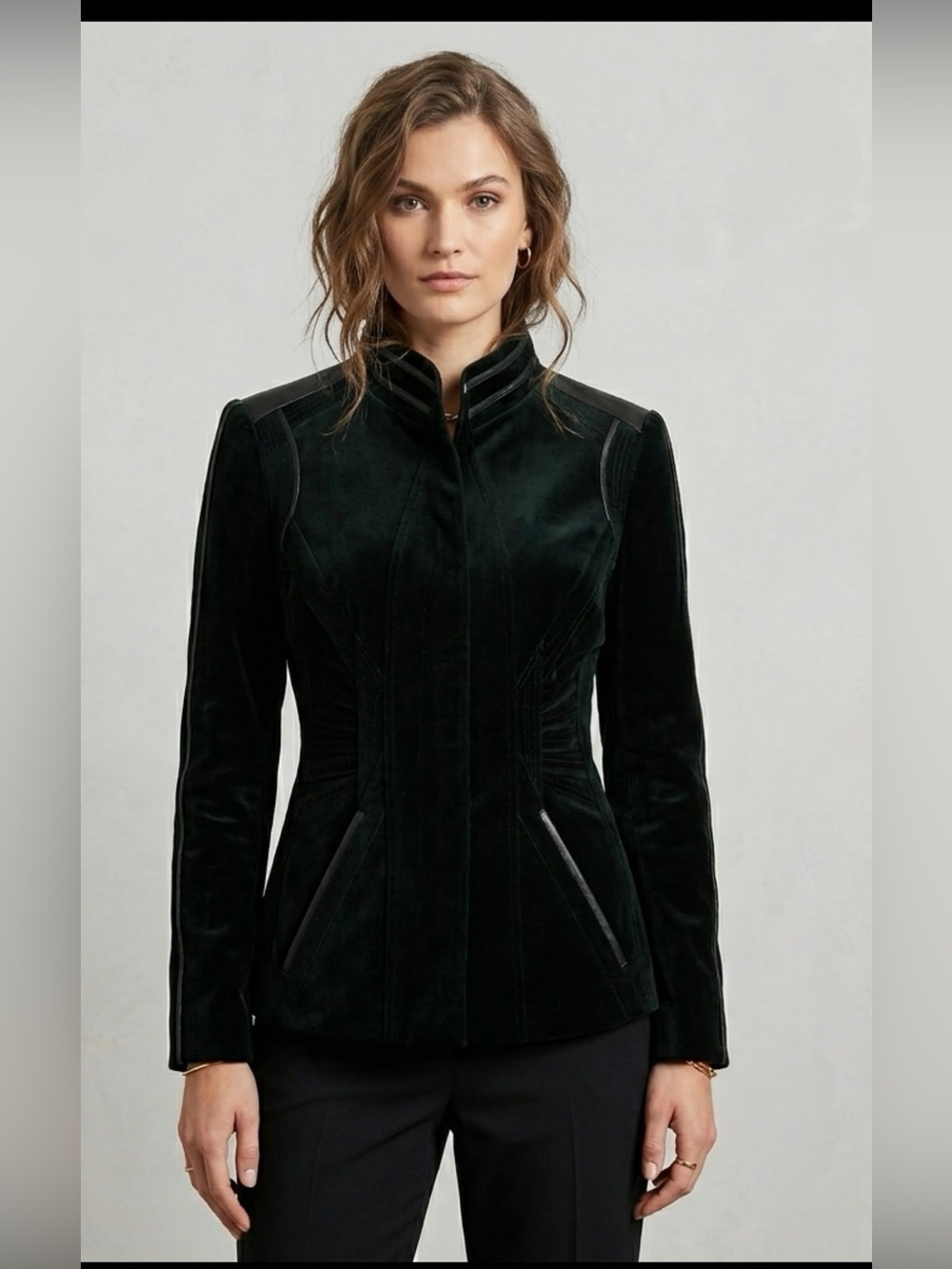 Elie Tahari Dark Green Velvet Leather Trim Fitted Blazer Jacket 4